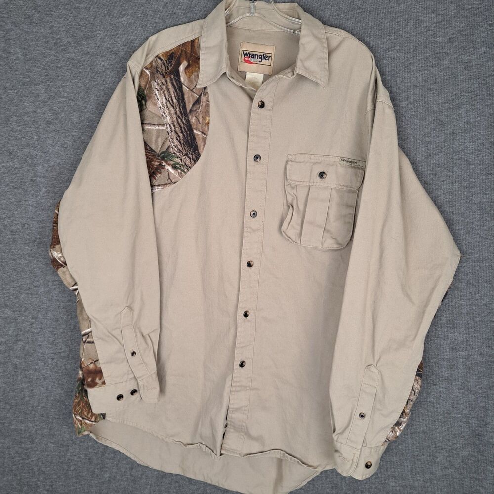 Wrangler Pro Gear Shooting Shirt Men's XL Beige Camo Long Sleeve‎ Canvas Hunting